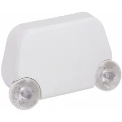 White plastic LED emergency light for surface wall mounting. Operates on 120/277V AC input with 0.75 W lamp wattage and 2 W emergency wattage. Damp location rated and flame retardant. UL 924 listed. Remote capable with non-adjustable lamp heads. Suitable for use in covered entrances or wash-down areas.