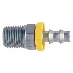 Brass barbed hydraulic hose fitting for -6 dash size hose (3/8 in I.D.). Features a hose barb on one end and male NPTF thread on the other, both male connections. Used in hydraulic systems and fluid transfer applications requiring a leak-resistant, reusable connection.
