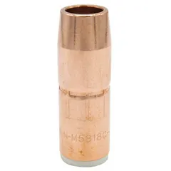 Self-insulated copper nozzle for MIG welding, designed for standard-duty use with AccuLock MDX contact tips. Features a 5/8 in conical shape and 1/8 in recess to maintain consistent wire stick-out and shielding gas coverage.
