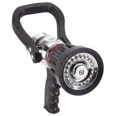 Brass-bodied shipboard fire hose nozzle with rigid NST base and shutoff handle activation. Provides adjustable gallonage and solid stream flow for marine firefighting applications where water flow control is required.