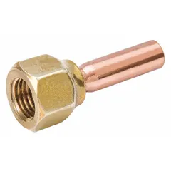 This copper-bodied adapter connects a 1/2 in female SAE flare to a 3/4 in female sweat copper line. Rated for a maximum pressure of 700 psi, it is used in plumbing and HVAC systems to transition between flare and sweat connections for reliable joint assembly.