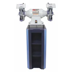 This fixed-speed pedestal grinder is equipped with a 1 1/2 hp motor that delivers 1,725 RPM and accepts wheels up to 10 inches in diameter. It operates on 115V or 230V power and includes a dust collection stand. Suitable for heavy-duty sharpening, deburring, and shaping of metal parts in industrial maintenance and fabrication settings.