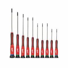 This 10-piece screwdriver set includes Phillips, slotted, and Torx tip drivers for general fastening tasks. Each driver has an overall length of 10 3/4 inches, suitable for assembly, maintenance, and repair work.