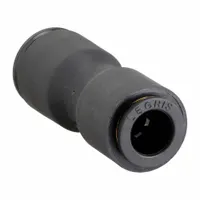 Nylon and nickel-plated brass union fitting with push-to-connect ends for 4 mm and 8 mm OD tubing. Connects two tubes of different diameters without tools, providing a secure joint in pneumatic systems. Suitable for automation, packaging, and material handling applications