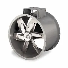 This belt-drive fan is designed for vertical mounting in clean air ventilation systems. It features a 16-inch blade and spark-resistant construction type B, with a maximum noise level of 46 sones at 5 feet. The fan does not include a drive package.