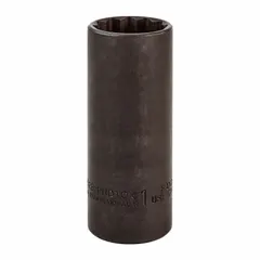 This 1/2" drive hand socket features a 1" SAE size with a 12-point configuration and deep design for reaching recessed fasteners. The black oxide finish provides corrosion resistance. Suitable for tightening or loosening nuts and bolts in automotive repair, industrial maintenance, and heavy equipment applications.