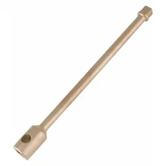 Non-sparking hand socket extension with 3/4 in input and output drive size, 16 in overall length. Standard type with locking feature. Suitable for use in hazardous environments where sparks from steel tools could ignite flammable gases or dust, such as chemical plants, oil refineries, and mining operations.