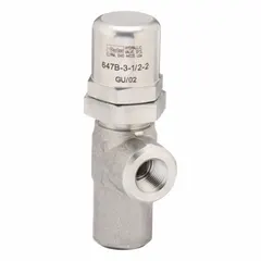 Soft-seat pressure control valve with stainless steel body and 1/2 in NPT connections. Maximum set pressure 90 psi. Used for regulating system pressure in hydraulic and pneumatic circuits where corrosion resistance is required.