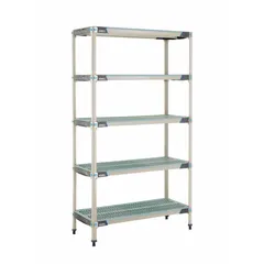 This stationary shelving unit features a 304 stainless steel frame and shelves with antimicrobial resistance, suitable for harsh environments requiring hygienic storage. It includes 5 shelves with an overall height of 74 inches. Typical applications include cleanrooms, food processing areas, and healthcare settings where corrosion resistance and microbial control are needed.