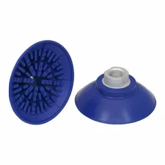 Flat vacuum pad assembly with G3/8 inch connection, 89 mm pad diameter, and 35 mm pad height. Constructed from NBR material in blue with 60 A durometer. Suitable for handling sheet metal, glass, or plastic components in assembly and painting operations.