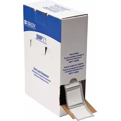 Polyolefin continuous sleeve label roll in white matte finish. Each label measures 1 3/4 in x 1 21/32 in and accommodates wire gauges from 500 kcmil to 2 AWG. Compatible with M610 printer series for on-demand identification in industrial wiring, panel building, and electrical installation applications.