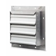 This wall-mount backdraft damper features a single-panel aluminum construction with flat blades. Designed for vertical mounting, it allows horizontal airflow and prevents reverse flow when the fan is off. Suitable for use with a 12-inch fan, it measures 17 inches high by 17 inches wide by 2.5 inches deep and handles a maximum air velocity of 2500 fpm.