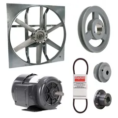 Unassembled belt-drive panel exhaust fan with a 24-inch blade, 3/4 hp motor, and 7,357 cfm airflow. Operates on 208-230/460V AC, 3-phase power with a totally enclosed fan-cooled motor, Class B insulation, and a zinc-plated steel frame. Suitable for high-volume air movement in industrial facilities, warehouses, and manufacturing plants to remove heat, fumes, or dust. Supplied without intake guards.