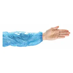 These blue polyethylene sleeves provide arm protection against non-hazardous dry particulates and liquid splash/spray. Each sleeve measures 18 inches in overall length with a 1 mil thickness and features a serged seam. Supplied in packs of 1,000.