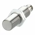 Shielded inductive cylindrical proximity sensor with built-in 4-pin M12 connector. PNP output, 3 wires, DC supply voltage 10-30V. Detects metal objects without contact; shielded design permits flush mounting in metal for position sensing, presence detection, and counting in automation and material handling.