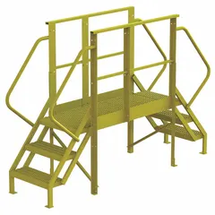 This TRI-ARC crossover bridge provides safe elevated access across obstacles in industrial environments. It features a steel frame with three serrated steps for slip resistance, a yellow finish, and a load capacity of 1000 lb.