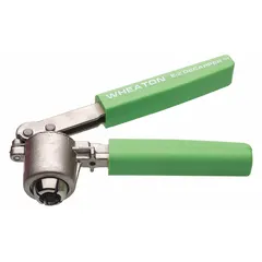 This manual decapper is constructed of steel and designed for removing aluminum seals from 13 mm crimp-top vials. Operated by hand, it is used in laboratory settings to open sealed vials for sample access or vial reuse.