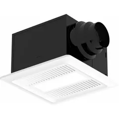 Ceiling-mount bathroom exhaust fan with LED primary light and LED night light. Features a humidity sensor for automatic operation, two-speed motor, and includes a backdraft damper. Connects to round ductwork and installs using a mounting bracket. Suitable for removing moisture and odors in residential or light-commercial bathrooms.