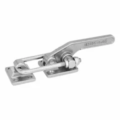 This horizontal U-latch toggle clamp features a horizontal handle and manual latch release. Constructed from stainless steel, it is suited for workholding, fixturing, and assembly tasks requiring corrosion resistance and secure clamping.