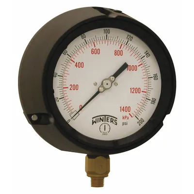 WINTERS Process Pressure Gauge: 0 psi to 200 psi, White, 4 1/2 in Dial, 1/4 in NPT Male - Vibration-Resistant Brass/Bronze Wetted Parts & Plastic Casing