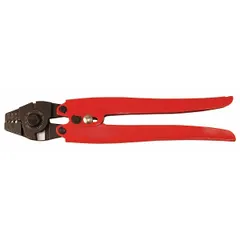 This scissors-style swaging tool is used to crimp copper oval sleeves onto wire rope or cable, creating secure terminations. It accommodates sleeve sizes 1/32 in, 3/64 in, and 1/16 in. The handle length is 7 in. Suitable for manual crimping in rigging, fencing, and cable assembly applications.