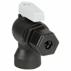 Manual two-way ball valve with polypropylene body, angle configuration, and full-port ball. Features sweat (solder) inlet and female NPT outlet connections. NSF 51 compliant for use in food-contact and potable-water systems. Lever handle provides quarter-turn operation.