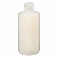 This NALGENE narrow mouth round bottle is molded from low-density polyethylene (LDPE) with a natural translucent body for easy content viewing. It has a capacity of 16 fl oz (500 mL) and includes an attached polypropylene screw closure with a 28-415 mm thread finish. The bottle is suitable for general liquid storage, sampling, and dispensing in laboratory and industrial environments.