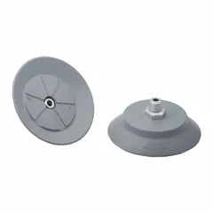 This vacuum pad assembly is designed for handling and lifting applications in the electronics industry. It features a flat type design with NBR material (55 A durometer) in gray, a pad height of 23.5 mm, and a pad diameter of 98.1 mm. Suitable for gripping smooth, non-porous surfaces such as glass, silicon wafers, and circuit boards during automated assembly and packaging processes.