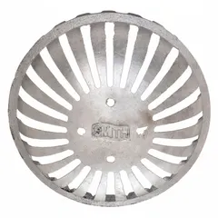 Aluminum dome strainer with flanged connection for floor sinks. Overall diameter 5-1/2 in, overall height 3 in. Silver finish. Used to filter debris from wastewater while allowing drainage in commercial and industrial plumbing applications.