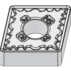 This diamond indexable turning insert is used for precision machining of non-ferrous materials in turning operations. It is available in two size variants: CNMG644MS and CNMG190616MS (metric equivalent). Typical applications include finishing cuts where fine surface finish and tight tolerances are required.