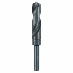 This chip-clearing high-speed steel drill bit features a black oxide finish, parabolic flute, and 135° split point. The reduced shank allows use in standard 3/8" chucks. Suitable for drilling large-diameter holes in metal, wood, and plastic in maintenance, fabrication, and machining applications.