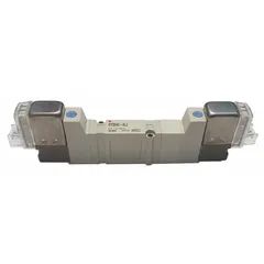 Double solenoid, five-way/three-position directional control valve with 5 ports. Features spring return, plug-in connectivity, internal pilot, and closed center position. Used in industrial pneumatic systems to direct airflow to actuators or cylinders, providing intermediate stop or fail-safe functionality.