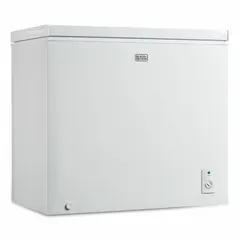 Chest freezer with 7 cu ft capacity, dimensions 33 1/2 in x 32 in x 21 3/4 in, within the 6 to 9.9 cu ft range. Suitable for long-term frozen food storage in garages, basements, or utility rooms. White finish.