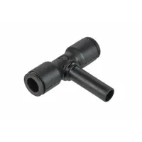 This push-fit tee fitting is made of polymer with nickel-plated brass construction. It has an overall length of 1 1/8 in and is designed for use in pneumatic or fluid systems to branch tubing lines