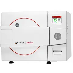 This HEIDOLPH autoclave operates at 230V with a maximum temperature of 140°C and temperature accuracy of -1°C/3°C. It features pre and post vacuum for efficient air removal, suitable for sterilizing tubing, glassware, pouches, wrapped tools, or garments. Overall dimensions are 33 7/8 in width by 44 in depth.