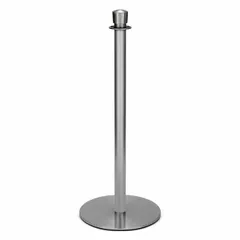 This tapered-top rope barrier receiver post is constructed of stainless steel with a satin finish and a flat steel base. It has a post height of 36 1/2 inches and is designed to accommodate rope barriers ranging from 36 to 40 inches. Used for defining pedestrian pathways, queue lines, or securing perimeters in commercial and public spaces.
