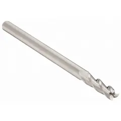 Carbide square end mill with 1/8" cutting diameter, 1/2" length of cut, and 2-1/2" overall length. Three-flute design for general-purpose milling of metals, plastics, and composites. Suitable for creating flat-bottomed slots, shoulders, and contours in machining applications.