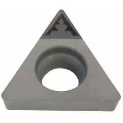 Triangle indexable turning insert for lathe operations such as facing, profiling, and contouring. Suitable for machining various materials in industrial manufacturing where precision and repeatability are required.