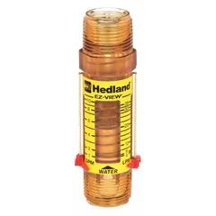 This variable area inline flowmeter measures water flow in liters with a scale display and remote output. It features universal mounting orientation, Buna-N seals and O-rings, and an accuracy of +/-5%. Suitable for monitoring flow rates in industrial water systems, cooling loops, and process lines.