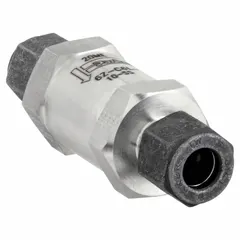 This Parker poppet check valve features a stainless steel construction with an inline valve body and compression connections. It is designed to prevent backflow in fluid or gas systems, suitable for applications requiring one-way flow control.