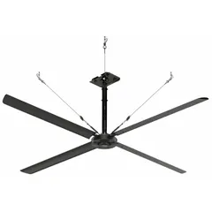Industrial HVLS ceiling fan with 12 ft blade diameter delivering 68,544 cfm airflow. Operates on 480V AC three-phase power at 3 A. Features variable speed control. Suitable for large spaces such as warehouses, distribution centers, and manufacturing plants.