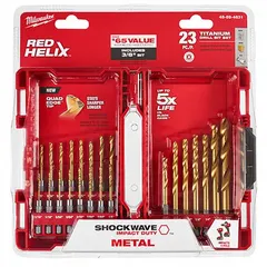 This 23-piece hex shank drill bit set from Milwaukee's Shockwave Impact Duty line covers sizes from 1/16" to 3/8". Bits are constructed from TiN-coated high-speed steel with a 135° split point to reduce walking. Designed for use with impact drivers, the set is suitable for drilling in metal, wood, and plastic in industrial applications.