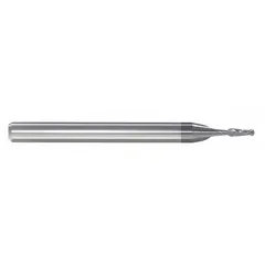 This pencil-neck carbide ball end mill features a 1/16" mill diameter, 3/4" length of cut, and 2-1/2" overall length. It is coated with AlTiN for enhanced wear resistance and has 2 flutes. Typical applications include precision contouring, 3D profiling, and slotting in hardened materials.