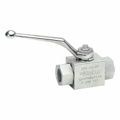 Two-way hydraulic ball valve from the Parker BV series. Port connection is #12 SAE O-Ring Boss. Ball seal material is Delrin; shaft seal material is fluorocarbon. Handle length is 6.73 inches and is not lockable. Used for on/off flow control in high-pressure hydraulic systems.