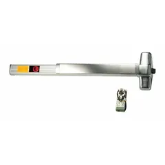 Rim-type exit device with touchbar style, finished in chrome. Designed for doors up to 4 ft wide, providing code-compliant egress in commercial and industrial facilities.