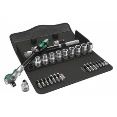 This 28-piece SAE socket set includes 1/2 in drive 6-point sockets ranging from 3/8 in to 13/16 in, plus 14 bits. The friction drive tool design provides secure bit retention. Suitable for tightening and loosening fasteners in maintenance, repair, and assembly tasks.