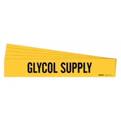 Yellow adhesive pipe marker with black legend reading 'Glycol Supply'. Fits pipe outer diameters from 2-1/2 to 7-7/8 inches. Sold in a 5-pack containing one marker without arrows. Used to identify glycol supply lines in industrial piping systems.