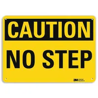 This 10 x 14 inch plastic sign features mounting holes for secure attachment to walls, machinery, or panels. It is designed to warn against stepping on prohibited surfaces such as platforms or access covers. The sign is not retroreflective, not glow-in-the-dark, and has no anti-slip surface