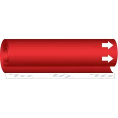 Blank wrap-around pipe marker with red background and white legend text. Designed for pipe outer diameters from 1/2 to 1-3/8 inches. Includes arrows to indicate flow direction. Suitable for custom labeling in industrial piping systems.