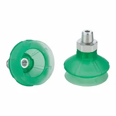 Bellows type vacuum pad assembly with 1.5 folds, 48 mm pad diameter, and 1/4 in NPT connection. Made of green Elastodur ED material with 65 A durometer. Suitable for handling lightweight or irregular items in automated pick-and-place lines.